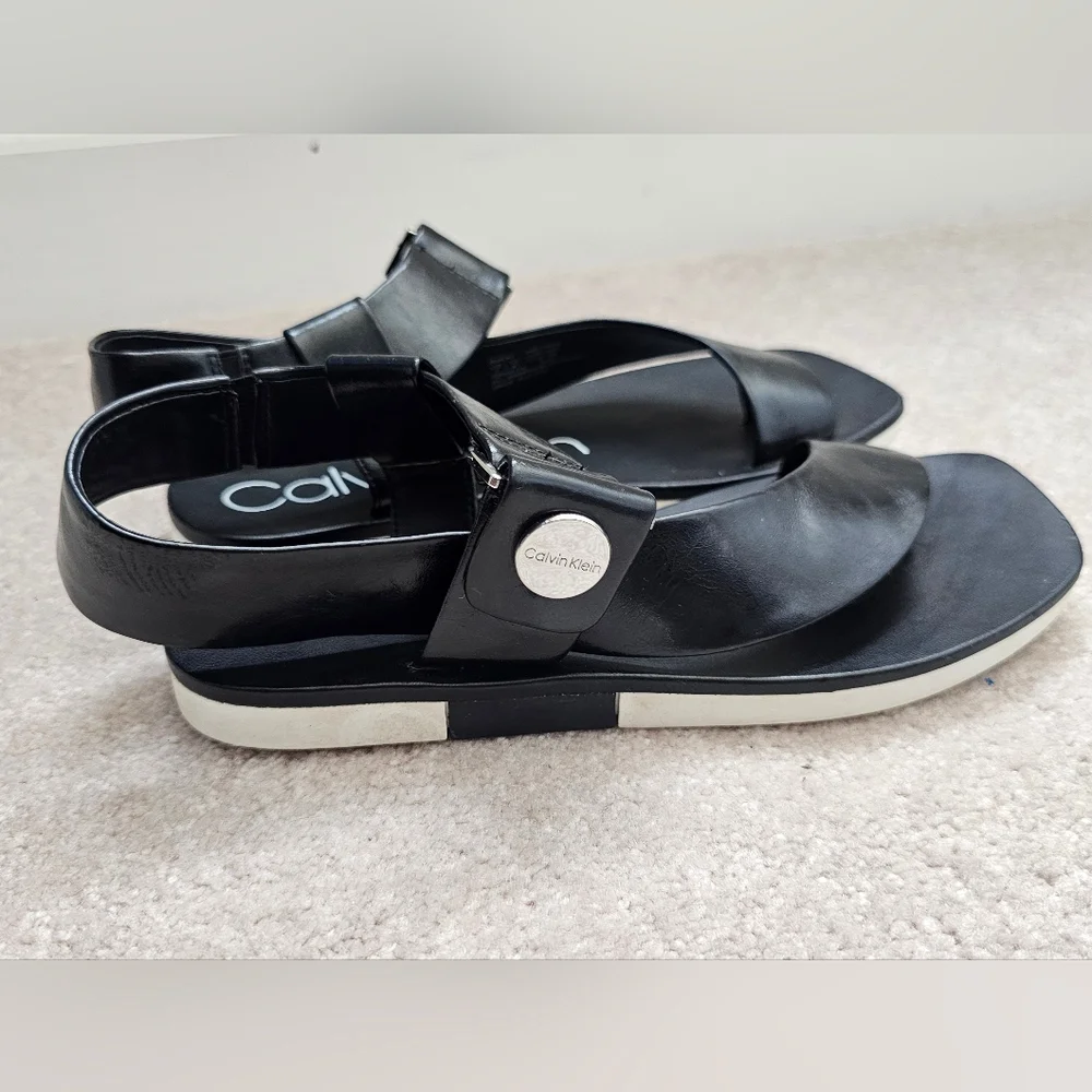 Calvin Klein Black Leather Thong Slingback Sandals Buckle Size 7M Women's